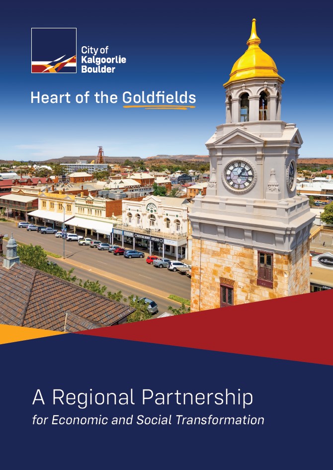 Gold Dome on the clock tower on Hannan Street Kalgoorlie, featured on the cover page of the 'A Regional Partnersip' publication